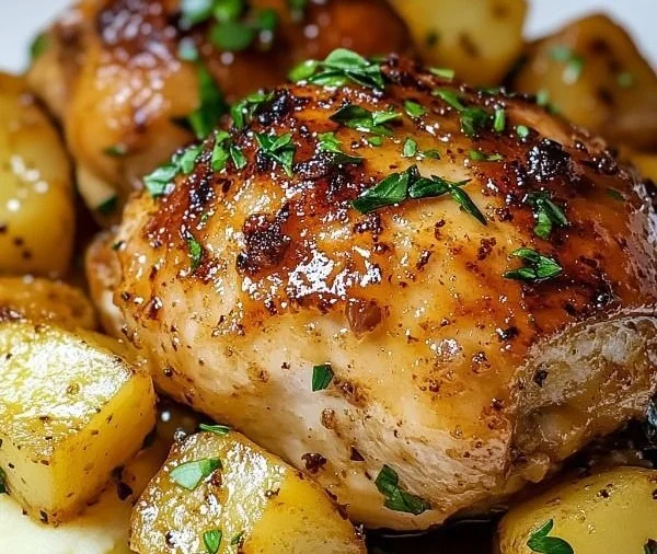 A comforting dish of loaded chicken and potatoes topped with cheese and herbs.