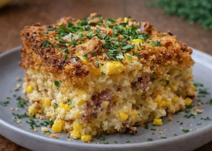 Delicious loaded cornbread casserole with cheese and vegetables