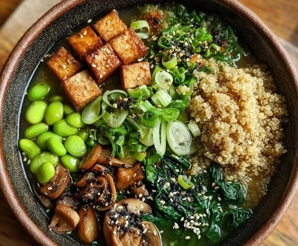 High-protein Longevity Miso Bowl recipe with fresh ingredients and savory flavors.