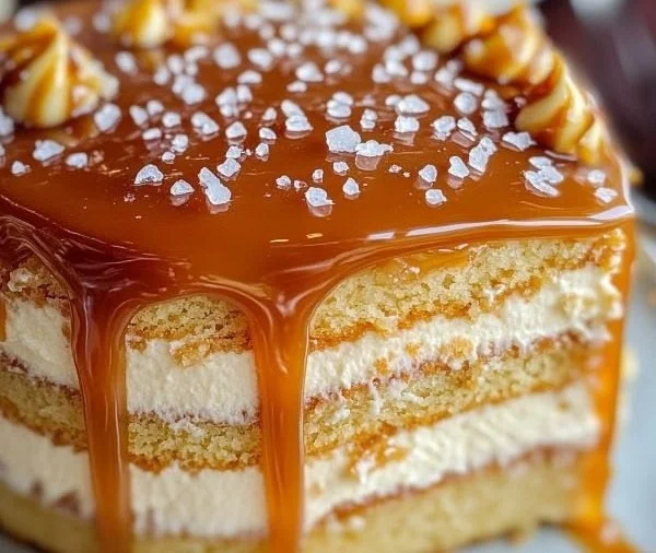 Luxurious salted caramel cake with rich frosting and caramel drizzle