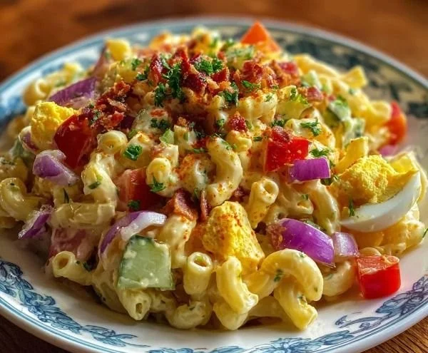 Bowl of colorful macaroni salad with vegetables and dressing