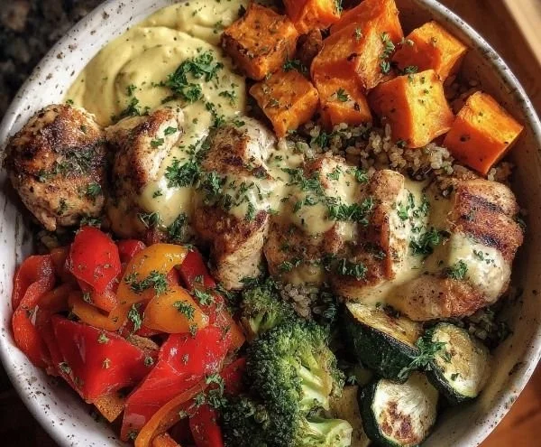 Maple Dijon Chicken Bowl with roasted sweet potatoes and seasonal vegetables.