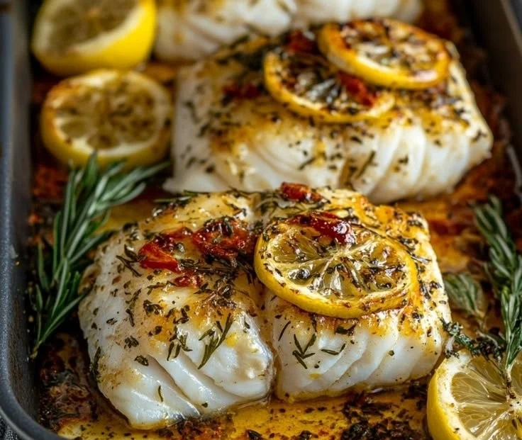 Delicious Mediterranean Baked Cod garnished with herbs and vegetables.