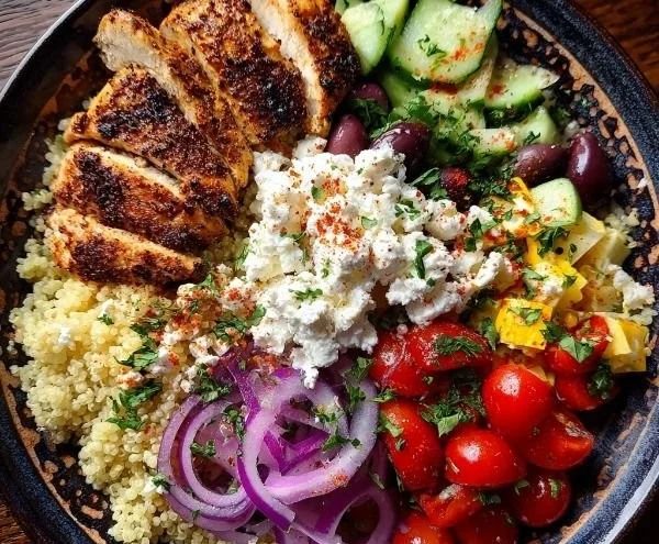 Mediterranean Chicken Bowls with High Protein served in a colorful dish