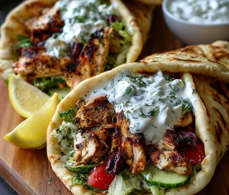 Mediterranean chicken gyros wrapped in pita with fresh vegetables and sauce
