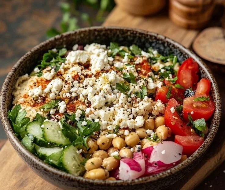 Healthy Mediterranean Ground Turkey Bowl with fresh vegetables and herbs