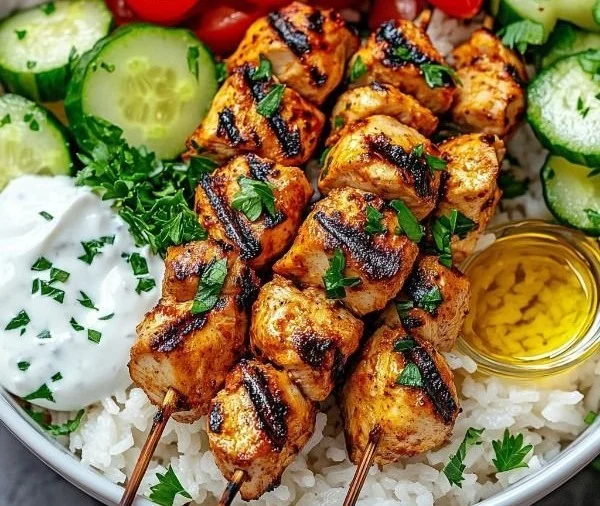 Mediterranean rice bowl with grilled chicken tawook skewers and fresh vegetables