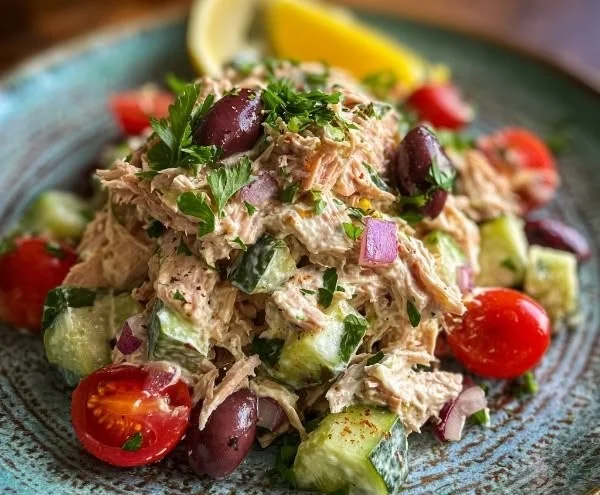 Delicious Mediterranean tuna salad with fresh ingredients in a bowl