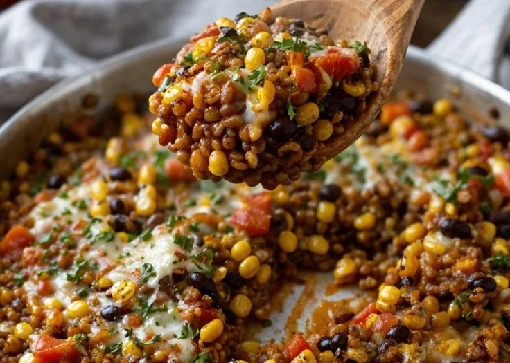 Bowl of flavorful Mexican Lentils garnished with cilantro and lime