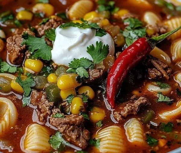 Bowl of Mexican Shells and Beef Soup with fresh ingredients