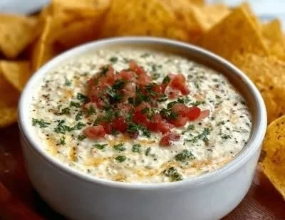 Delicious Mexican white cheese dip served with tortilla chips