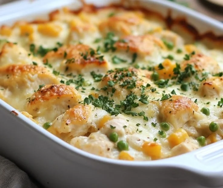 A delectable serving of Million Dollar Chicken Casserole topped with crispy edges.