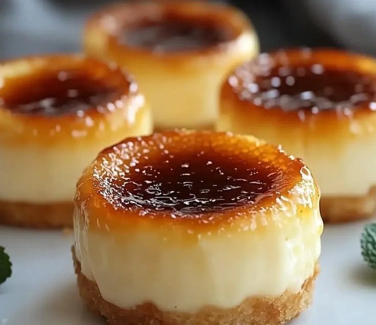 Mini crème brûlée cheesecakes with caramelized sugar topping and creamy filling