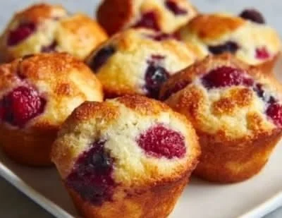 Homemade mixed berry muffins with fresh berries on a wooden table