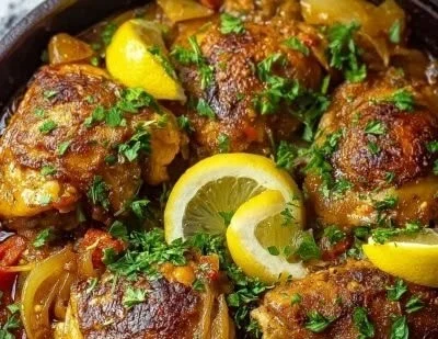 Moroccan Chicken dish with spices, olives, and raisins served on a plate