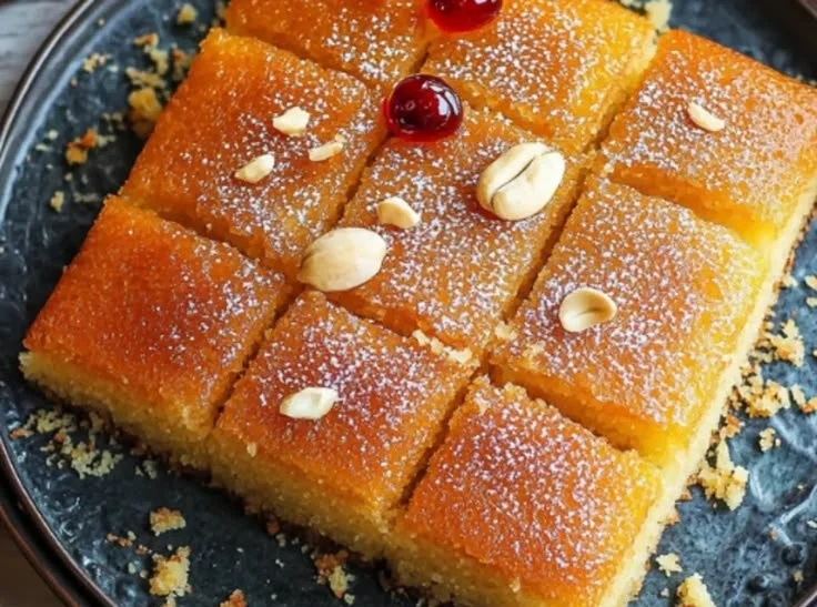 Delicious Namoura Semolina Cake served on a plate with syrup drizzle.