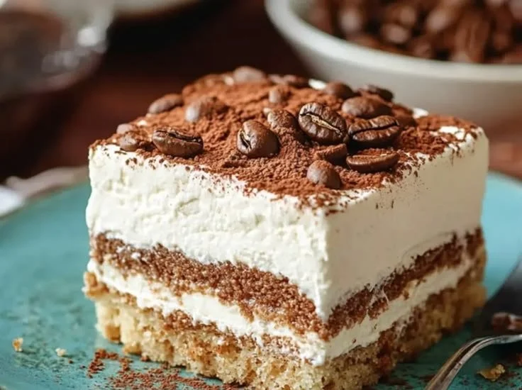 No-Bake 4-Ingredient Nescafe Cake topped with coffee and chocolate