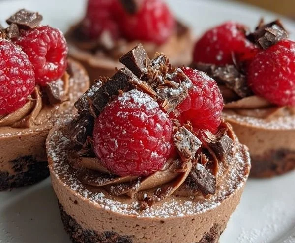 No-bake raspberry chocolate mousse cups topped with fresh raspberries and chocolate shavings.
