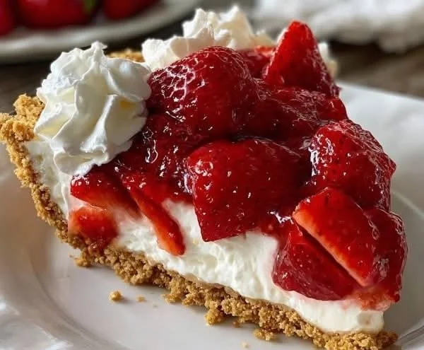 Delicious no-bake strawberry pie sliced and ready to serve