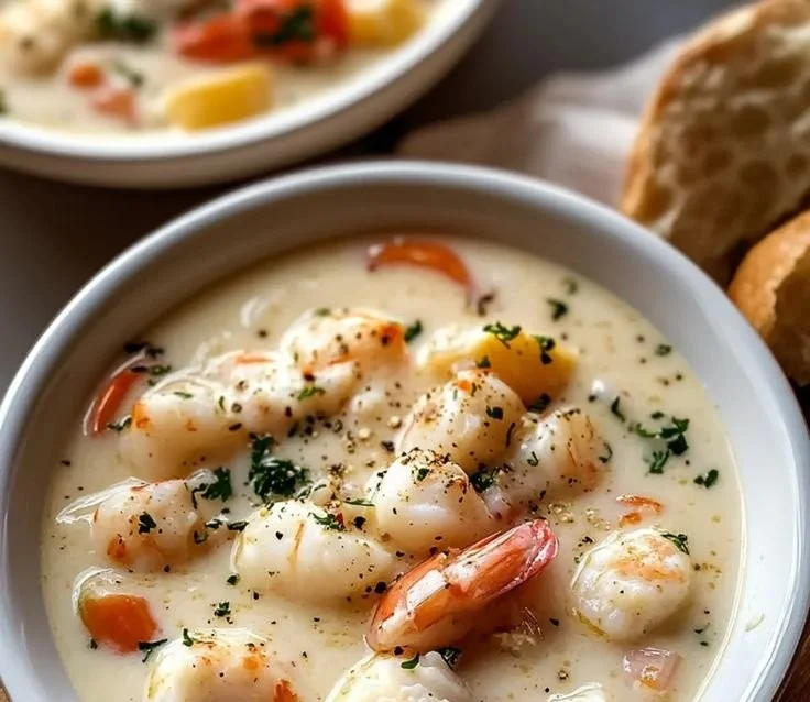 A bowl of Nova Scotia seafood chowder with fresh seafood and creamy broth