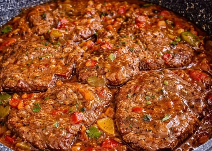 Delicious old-fashioned Swiss steak served with vegetables and gravy