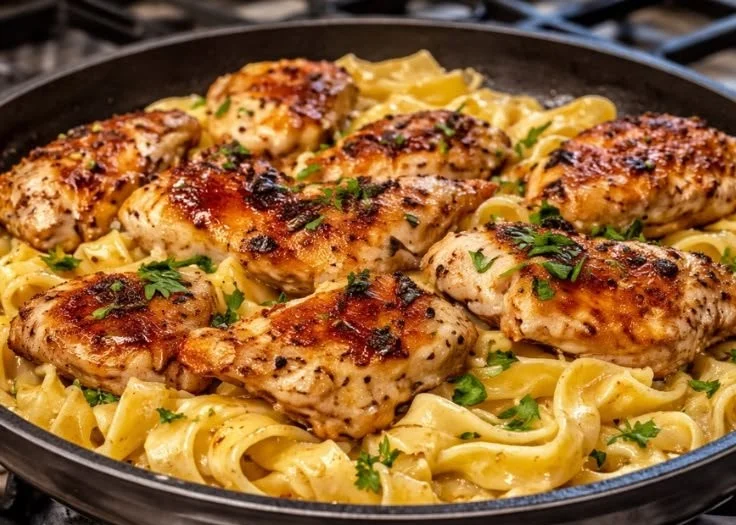 Delicious One-Pan Chicken with Buttered Noodles served on a plate