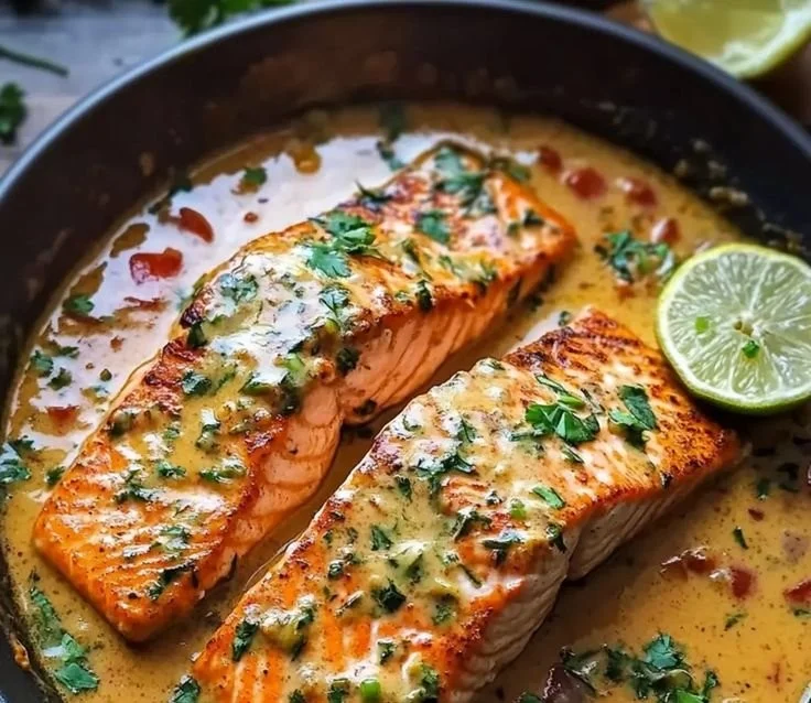 One-Pan Coconut Curry Salmon served with garlic butter and vibrant veggies