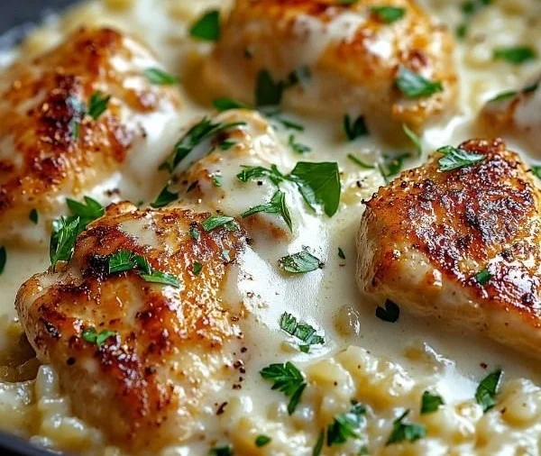 One-pan creamy parmesan chicken served with rice on a plate