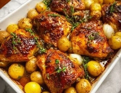 One Pan Honey Garlic Chicken with Potatoes dish ready to serve