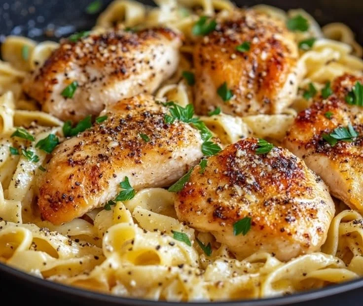 One pot chicken and noodles skillet dish ready to serve