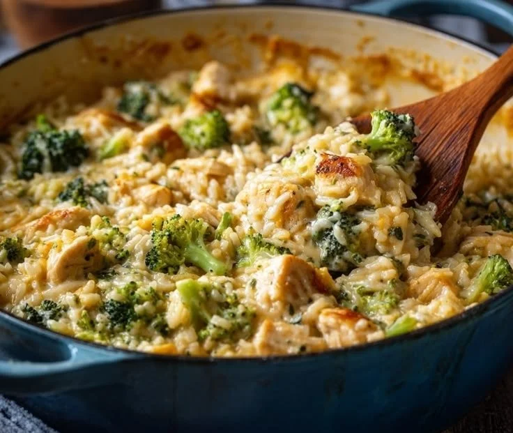 One Pot Chicken Broccoli Rice Casserole in a baking dish