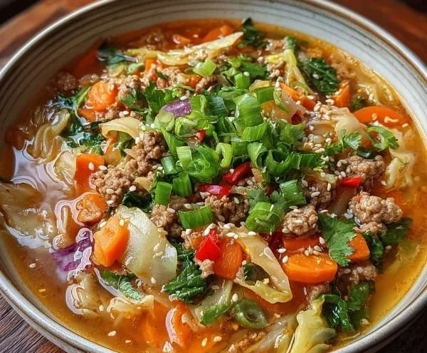 Delicious homemade egg roll soup served in a bowl with toppings