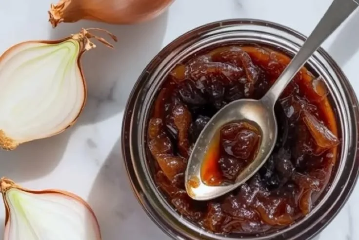Homemade onion jam in a jar with bread and cheese spread.