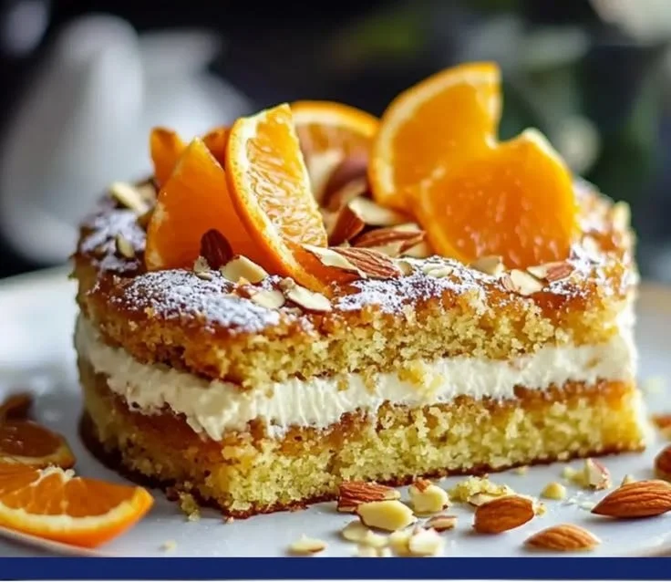 Delicious Orange Almond Honey Cake decorated with citrus slices and almonds.