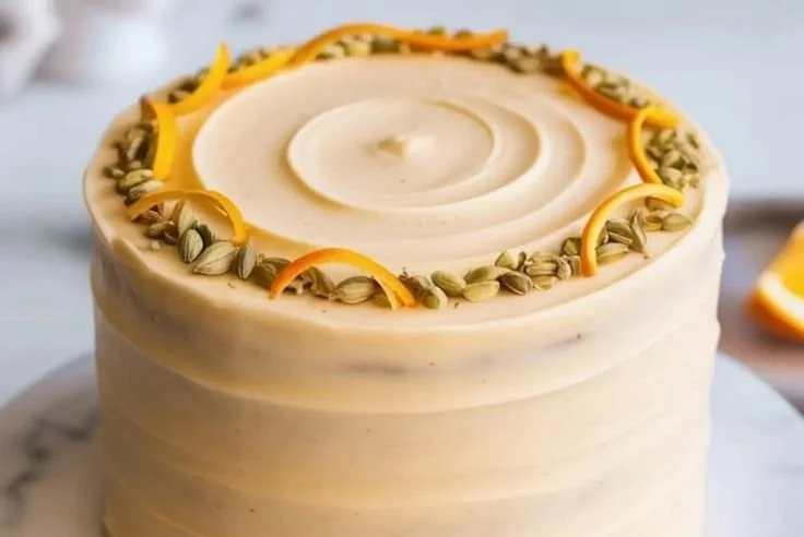 Deliciously baked Orange Cardamom Cake topped with orange zest and cardamom spice