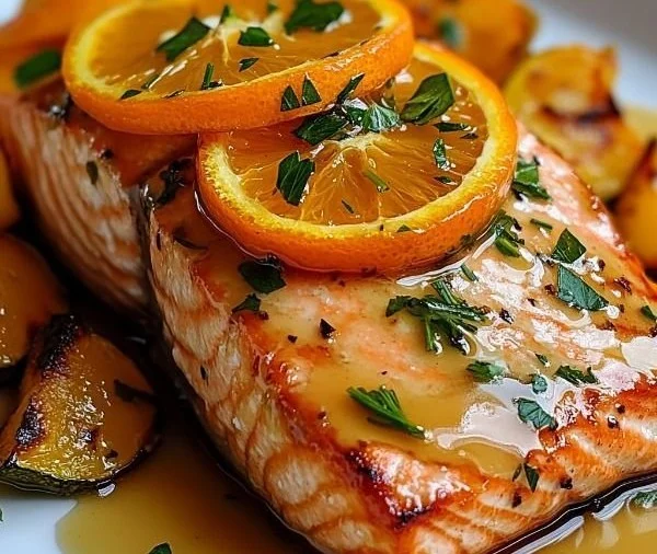 Plate of orange glazed salmon with vibrant sauce and garnishes