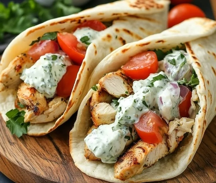 Delicious chicken gyros served with fresh vegetables and tzatziki sauce