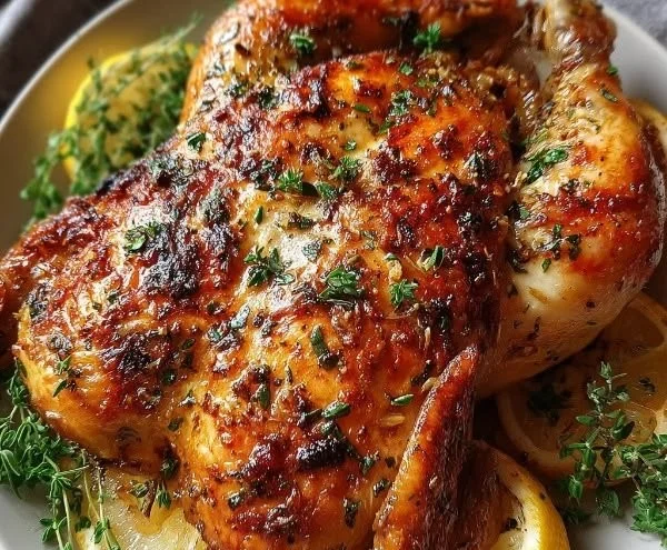 Oven-roasted French garlic chicken on a plate with fresh herbs and side vegetables.