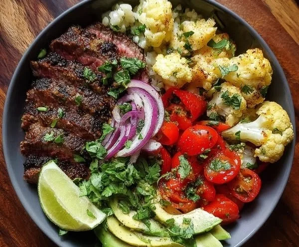 Paleo Carne Asada Bowl with grilled meat and fresh vegetables