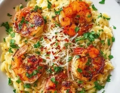 Creamy Parmesan Orzo with Shrimp garnished with parsley on a plate