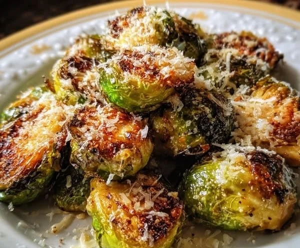 Oven-roasted Parmesan Brussels sprouts garnished and ready to serve