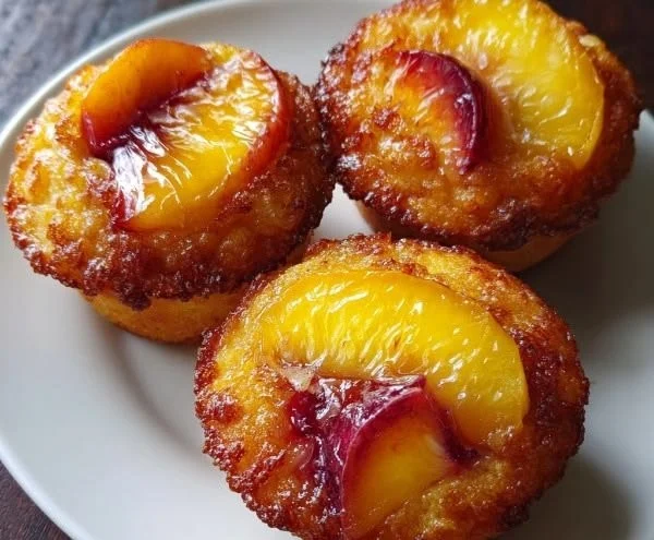 Delicious Peach Upside Down Cupcakes with juicy peach slices on top