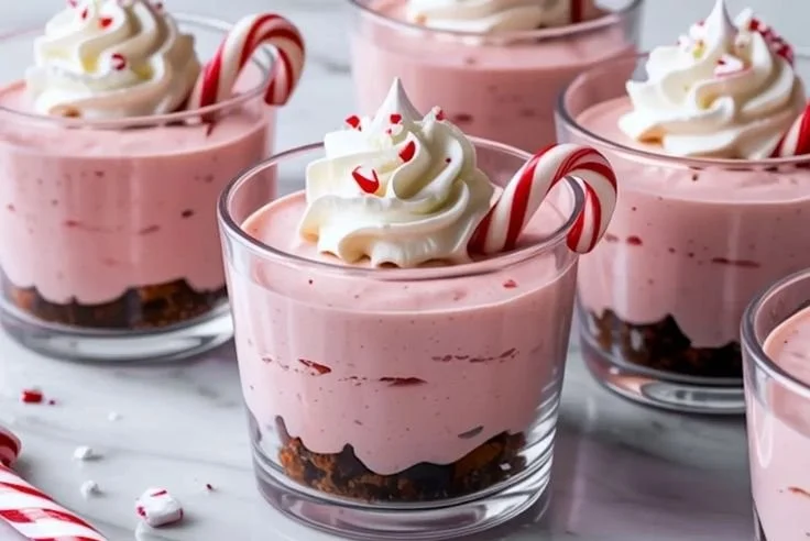 Festive peppermint cheesecake mousse cups topped with whipped cream and crushed candy canes.