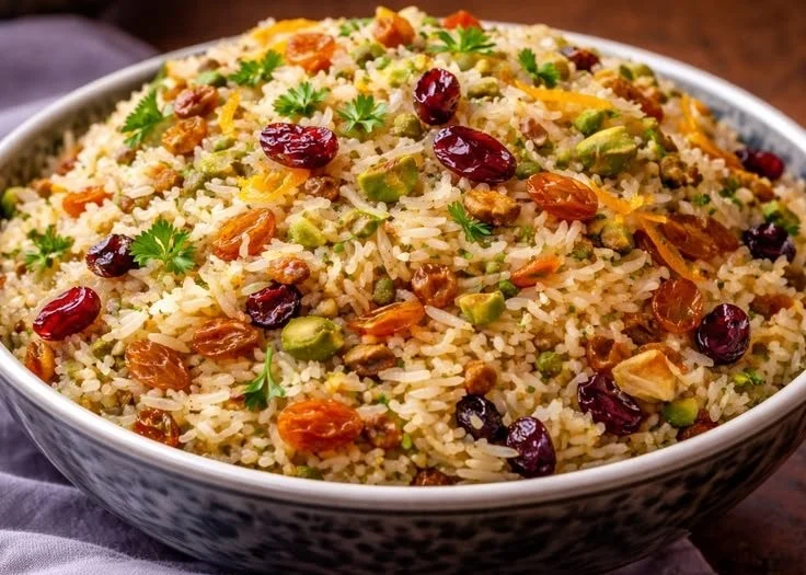 A bowl of Persian jeweled rice garnished with nuts and dried fruits.