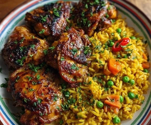 Peruvian-style citrus roasted chicken served with vibrant sides
