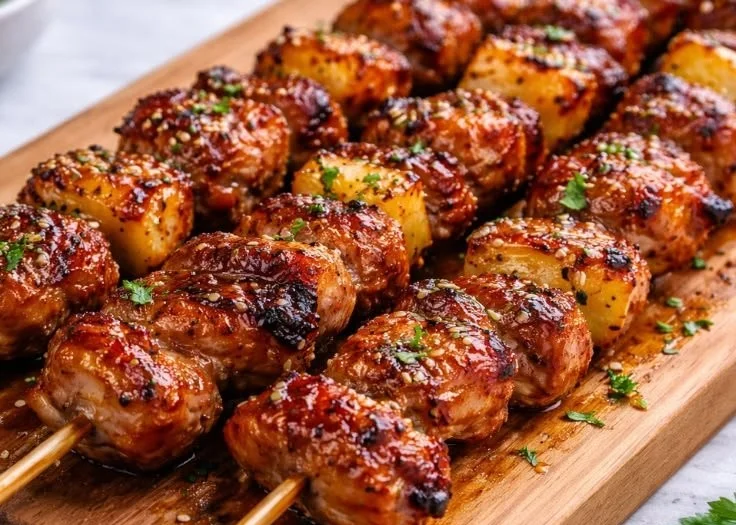 Delicious Pineapple BBQ Pork Skewers on a grill with vibrant colors and garnishes.