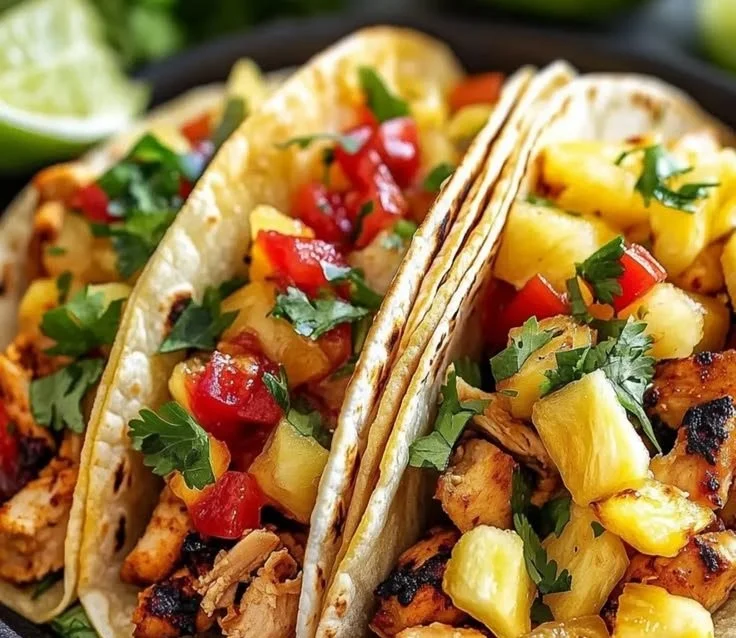 Delicious pineapple chicken tacos with fresh toppings and vibrant colors.