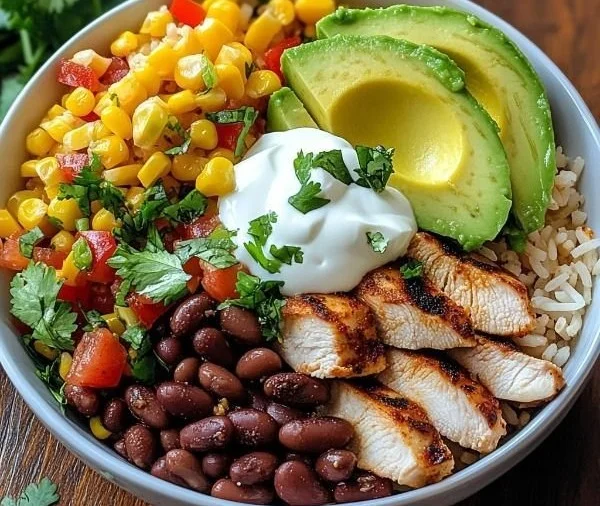 Pioneer Woman burrito bowl with colorful ingredients in a serving bowl