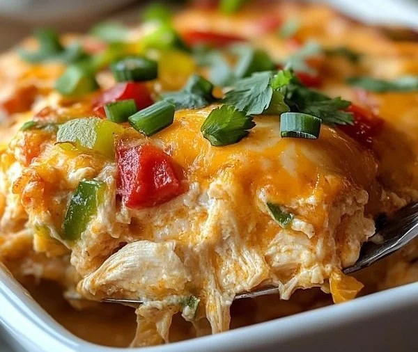Pioneer Woman Mexican chicken casserole served in a baking dish with vibrant toppings.