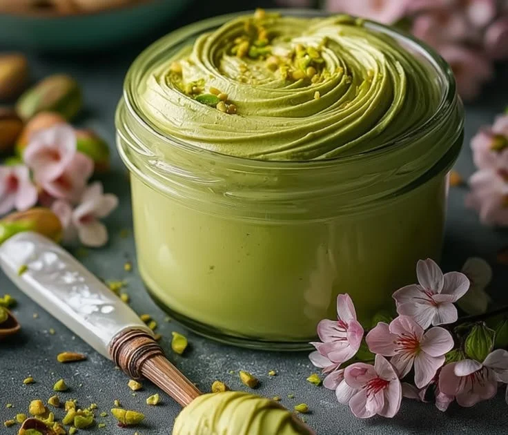 Delicious homemade pistachio cream in a jar with pistachios scattered around.
